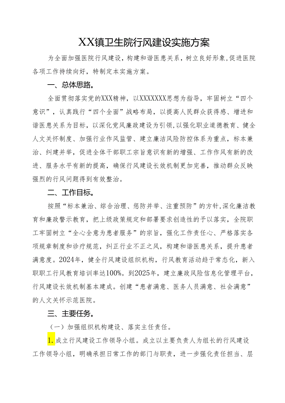 XX镇卫生院行风建设实施方案.docx_第1页