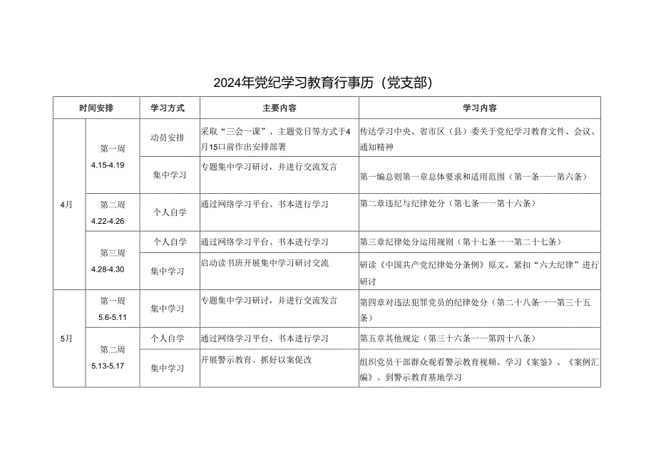 2024年党支部党纪学习教育行事历计划表.docx_第1页