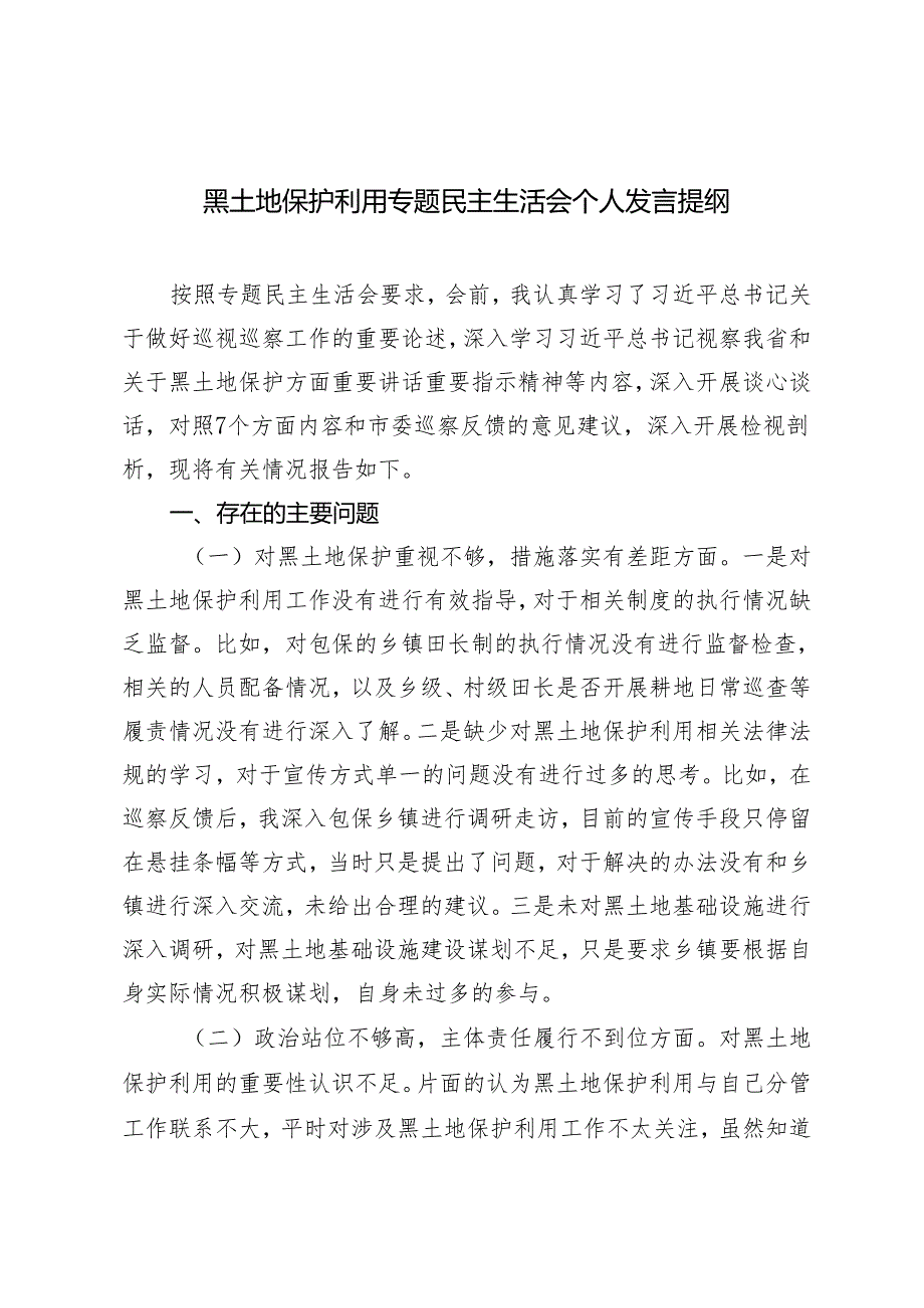 2024年黑土地保护利用专题民主生活会个人发言提纲.docx_第1页