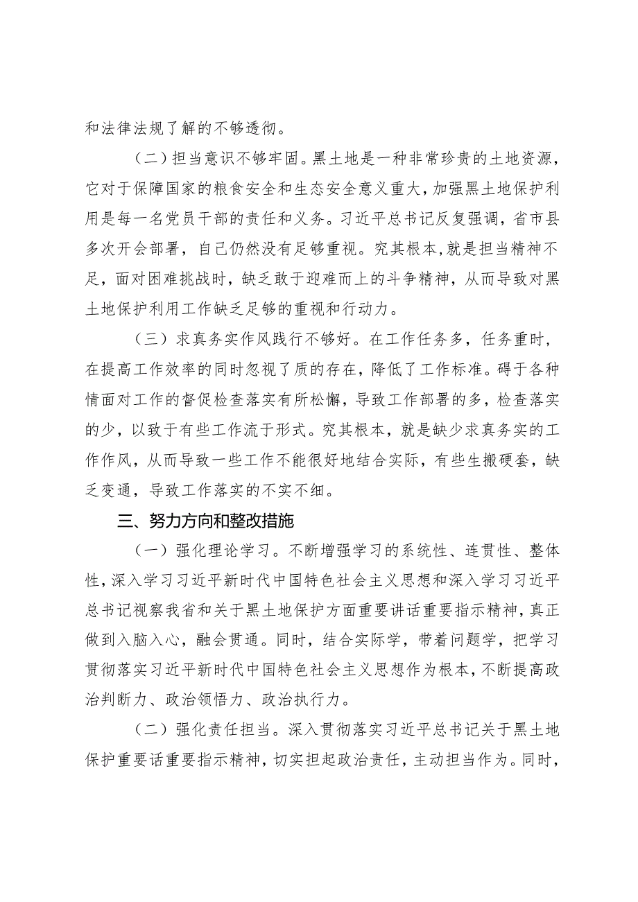 2024年黑土地保护利用专题民主生活会个人发言提纲.docx_第3页