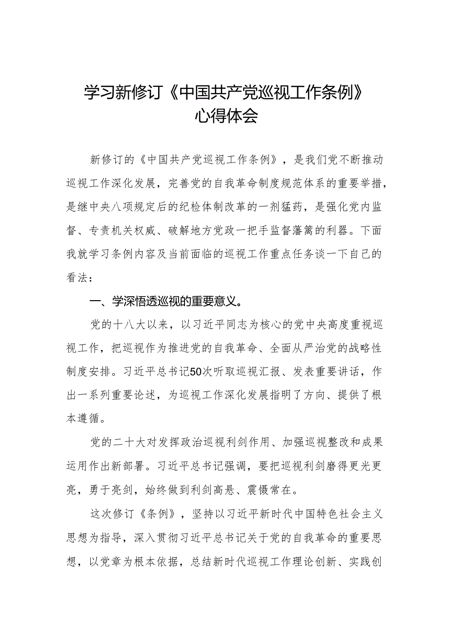 乡镇干部学习2024新修订《中国共产党巡视工作条例》心得体会十九篇.docx_第1页