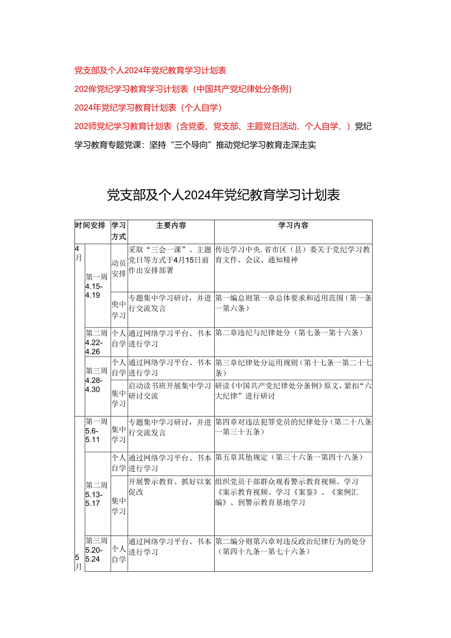 5篇 2024年党支部及个人开展党纪教育学习计划表格(含中国共产党纪律处分条例、党委、党支部、主题党日活动、个人自学、).docx_第1页