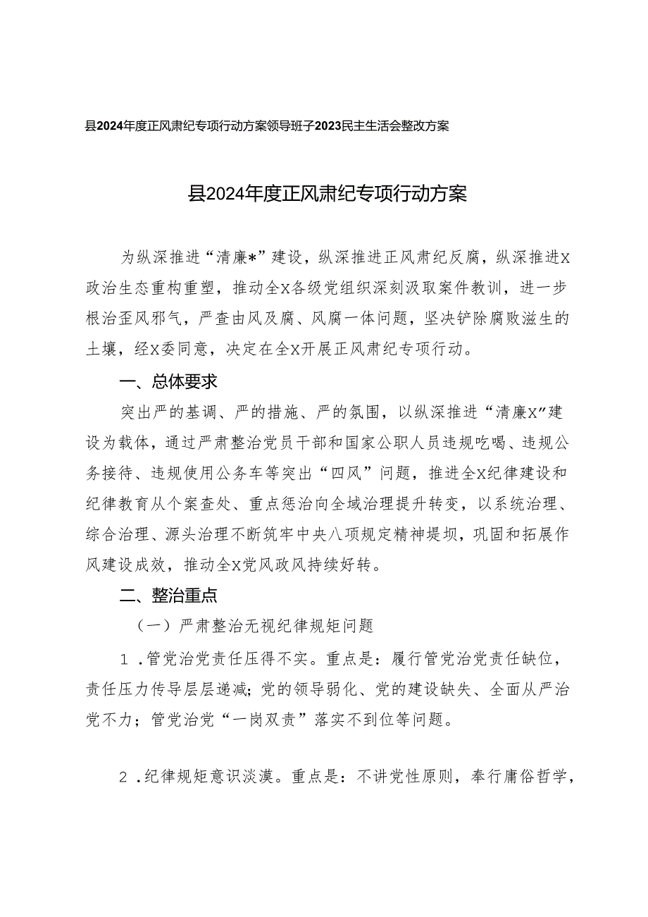 2篇 县2024年度正风肃纪专项行动方案+领导班子2023民主生活会整改方案.docx_第1页