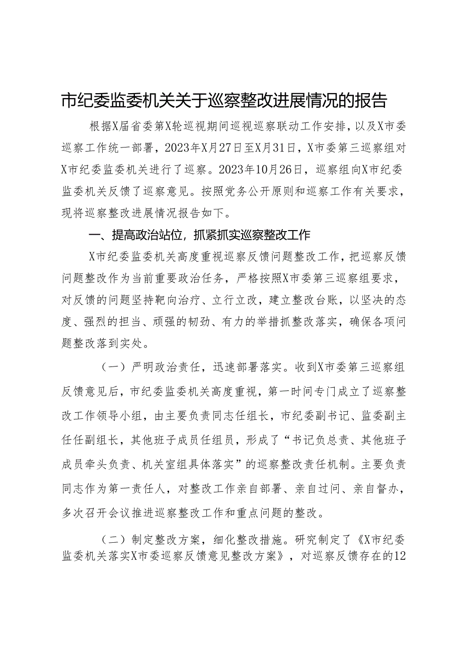 市纪委监委机关关于巡察整改进展情况的报告.docx_第1页