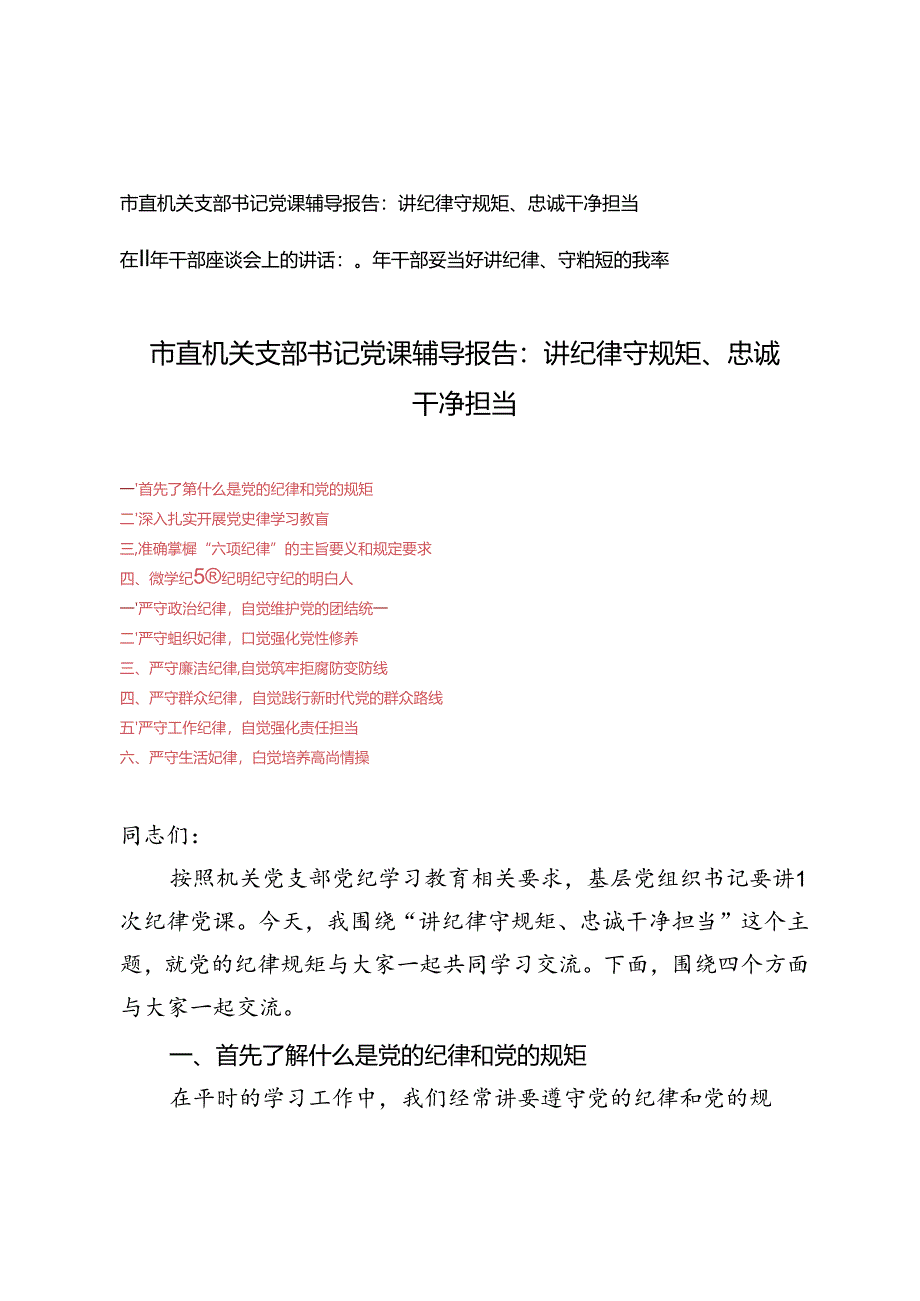 市直机关支部书记党课辅导报告、在青年干部座谈会上的讲话：青年干部要当好讲纪律、守规矩的表率、讲纪律守规矩、忠诚干净担当.docx_第1页