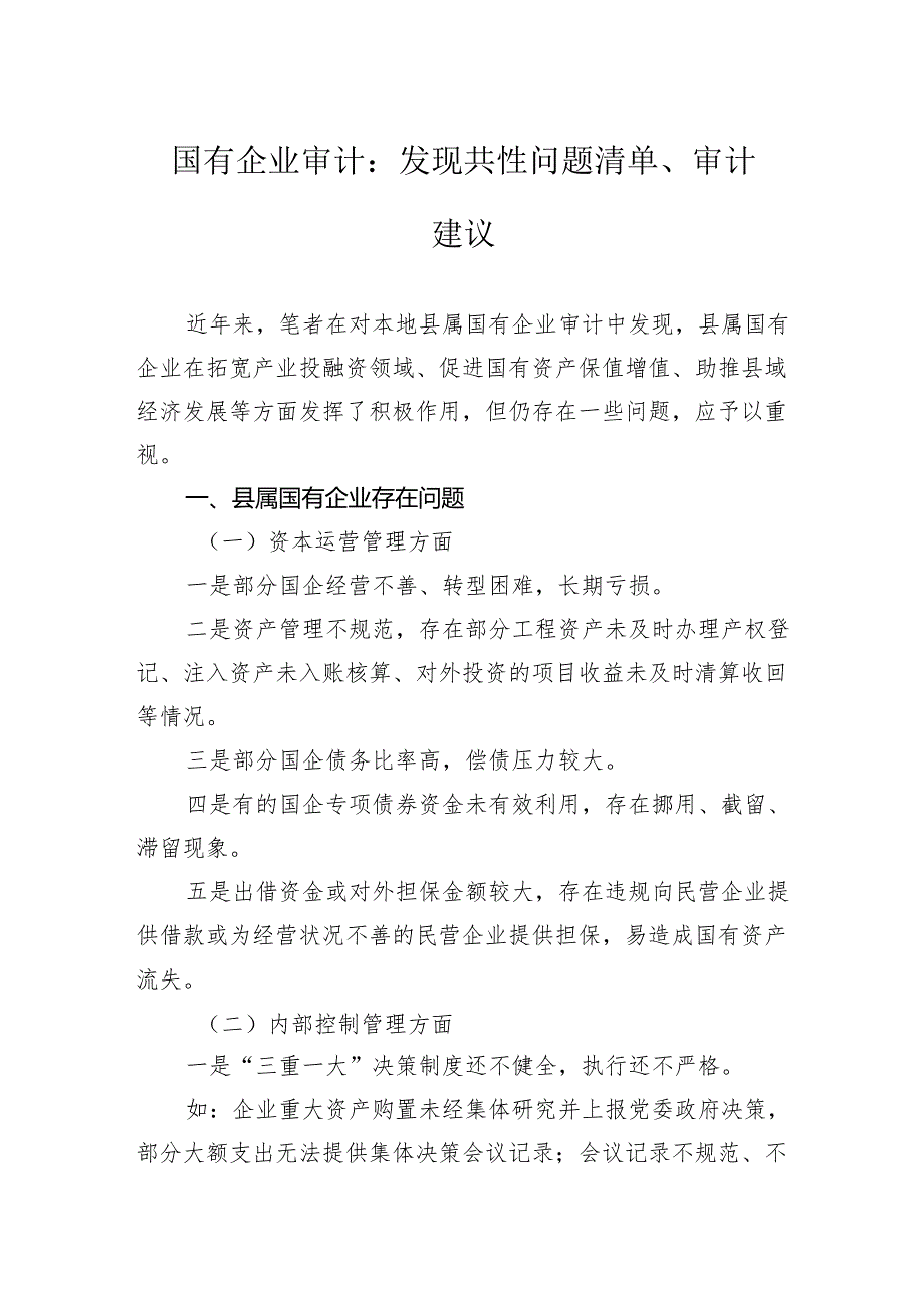 国有企业审计：发现共性问题清单、审计建议.docx_第1页