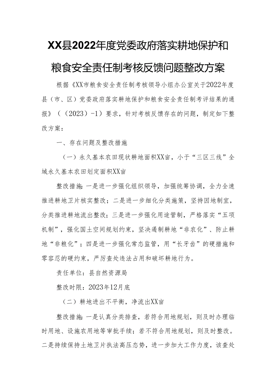 XX县2022年度党委政府落实耕地保护和粮食安全责任制考核反馈问题整改方案.docx_第1页