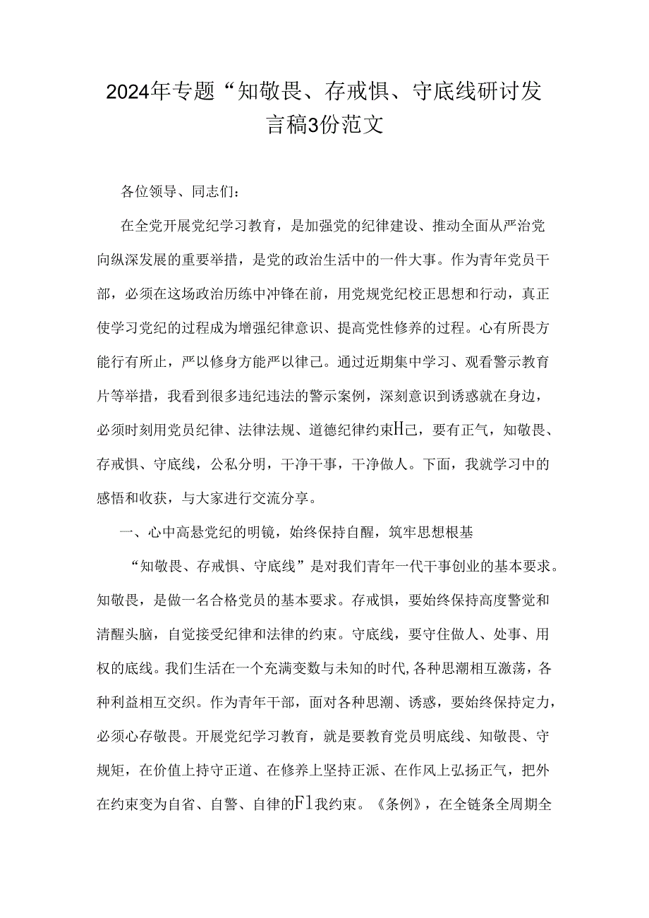 2024年专题“知敬畏、存戒惧、守底线研讨发言稿3份范文.docx_第1页