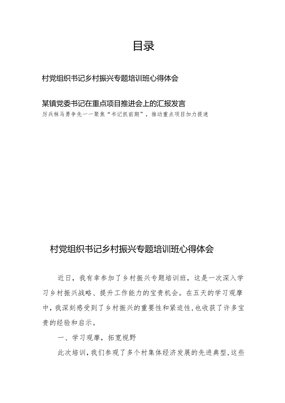 村党组织书记乡村振兴专题培训班心得体会、某镇党委书记在重点项目推进会上的汇报发言.docx_第1页