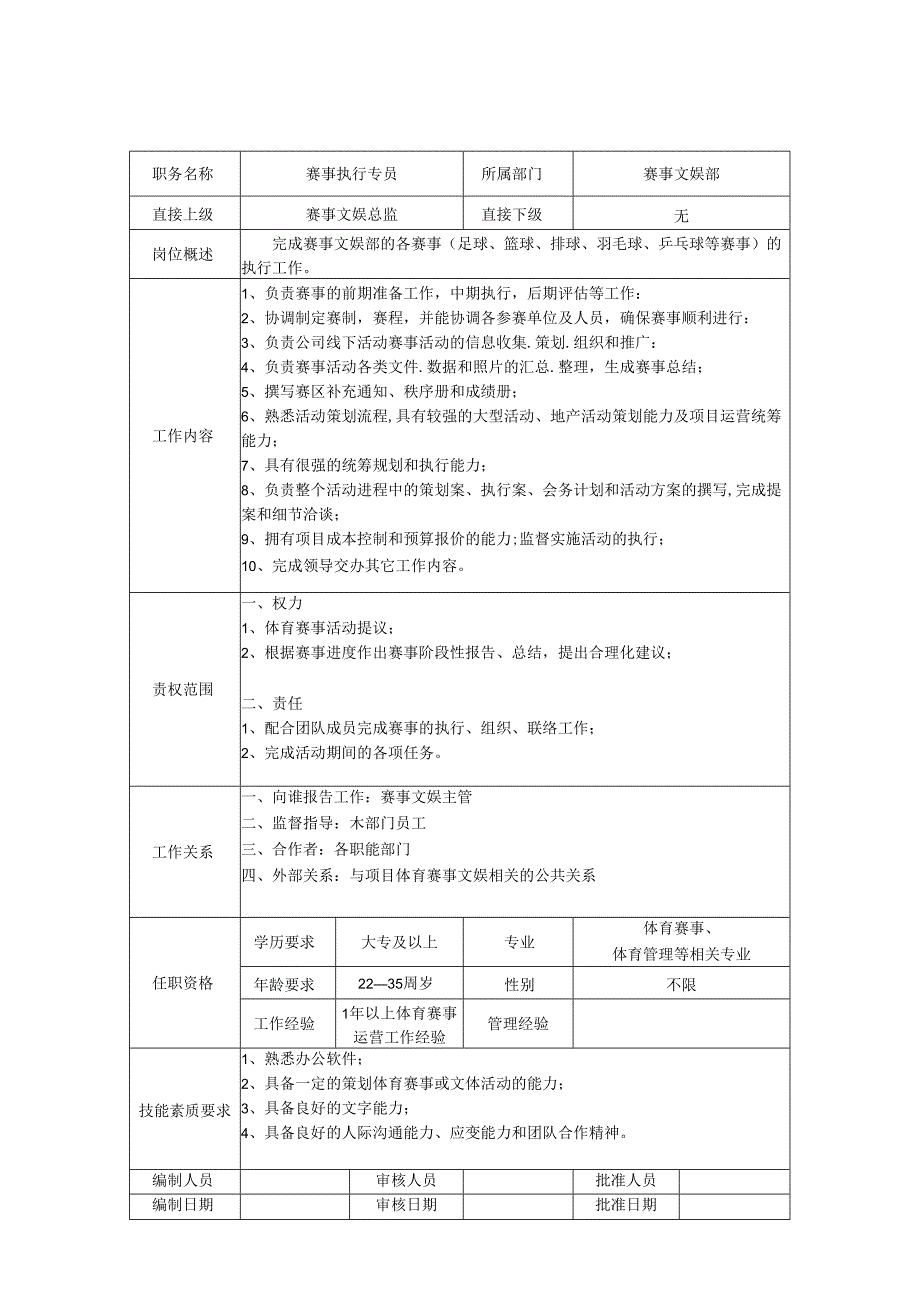 赛事文娱执行专员-岗位职责说明书.docx_第1页