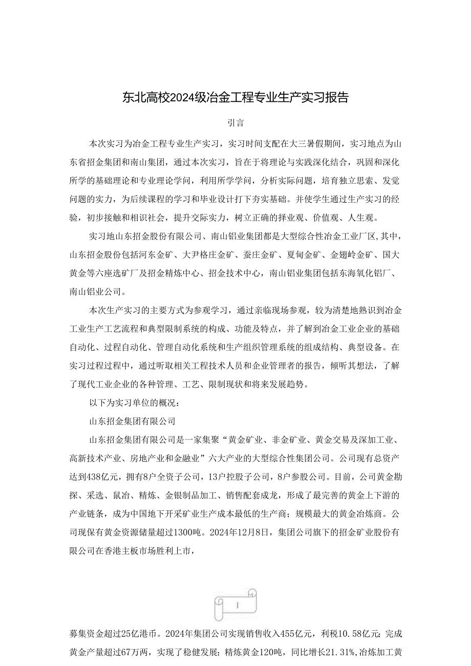 东北大学2024级冶金工程专业生产实习报告(有色冶金).docx_第1页