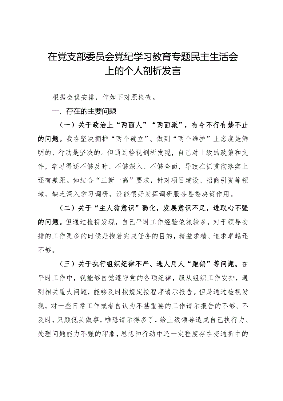 党纪学习教育检视剖析材料：在党支部委员会党纪学习教育专题民主生活会上的个人剖析发言.docx_第1页