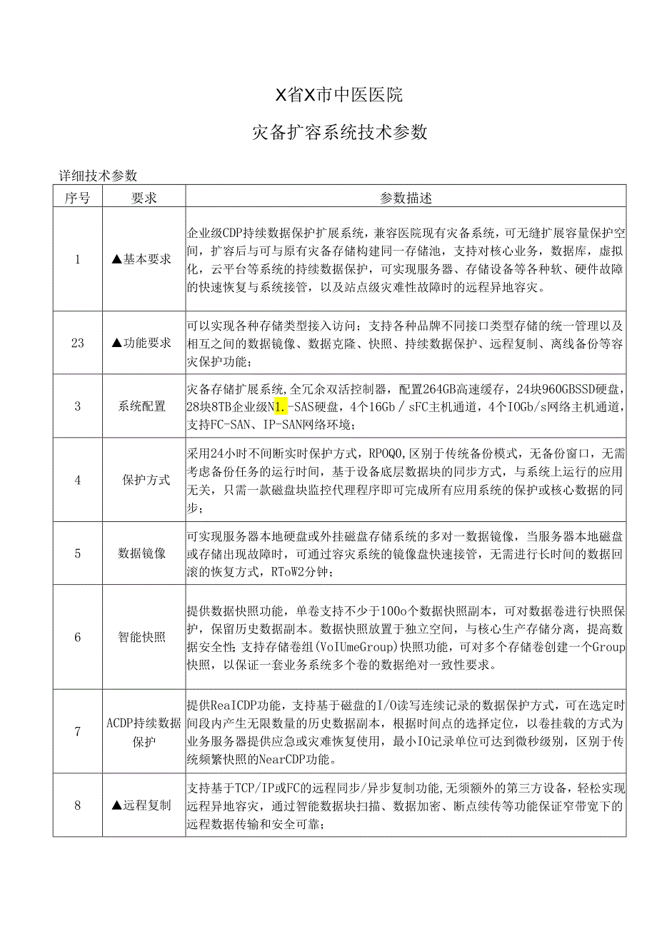 X省X市中医医院灾备扩容系统技术参数（2024年）.docx_第1页