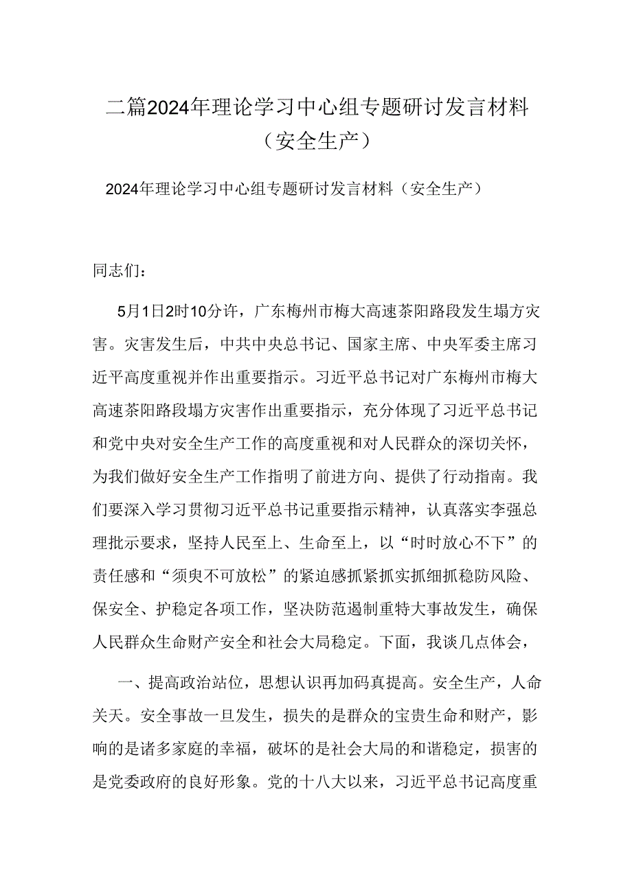 二篇2024年理论学习中心组专题研讨发言材料（安全生产）.docx_第1页