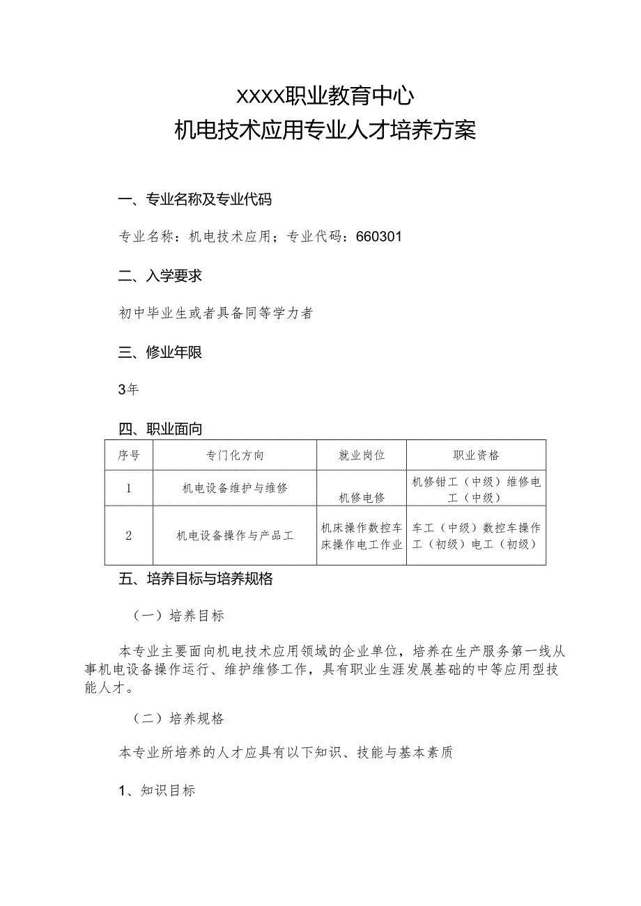 职业教育中心机电技术应用专业人才培养方案.docx_第1页