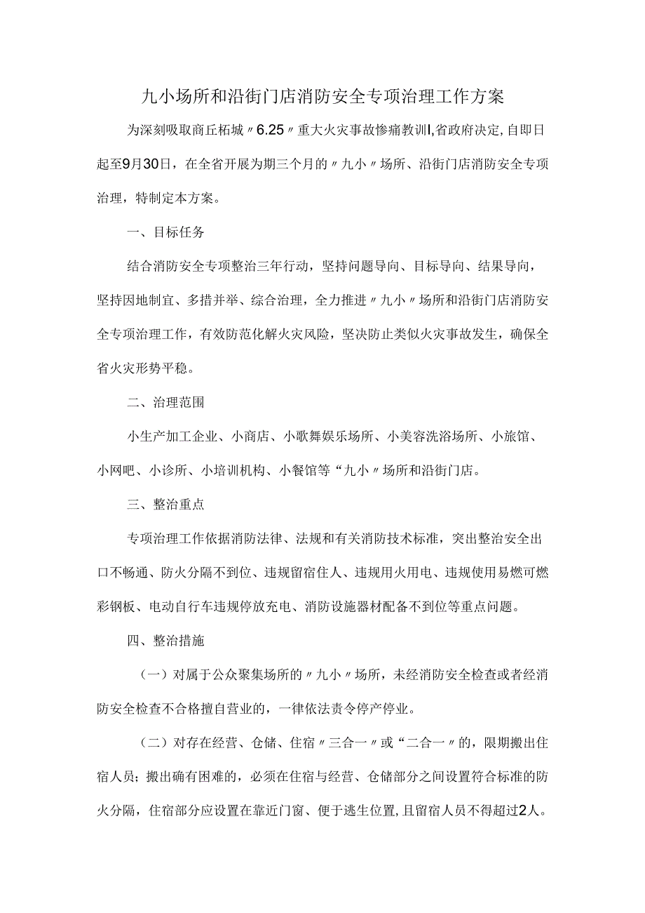 九小场所和沿街门店消防安全专项治理工作方案.docx_第1页