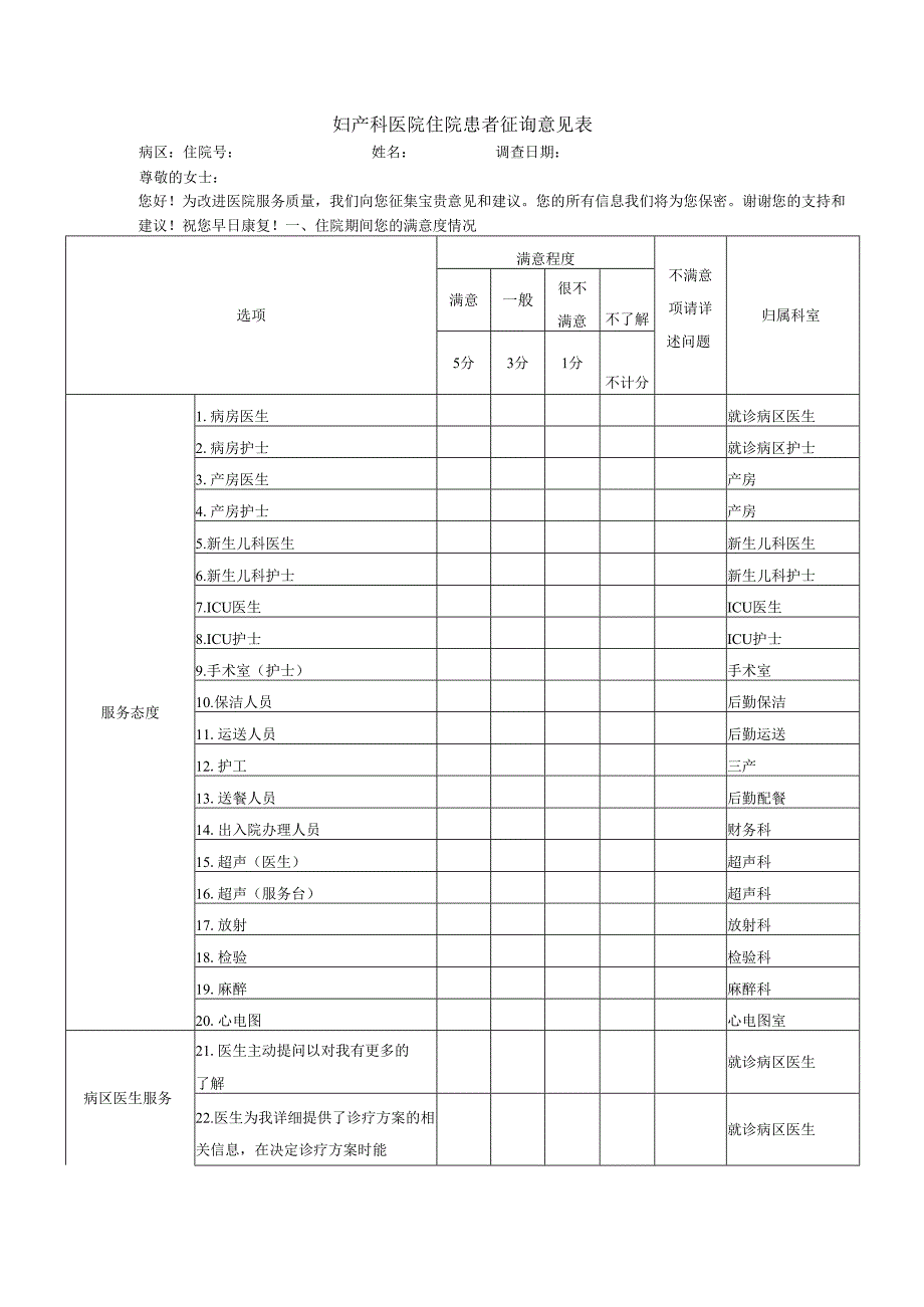 妇产科医院住院患者征询意见表.docx_第1页