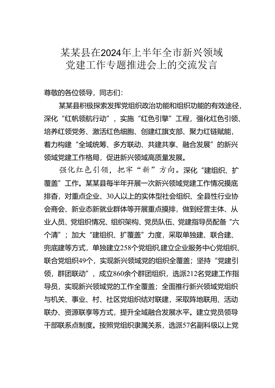 某某县在2024年上半年全市新兴领域党建工作专题推进会上的交流发言.docx_第1页