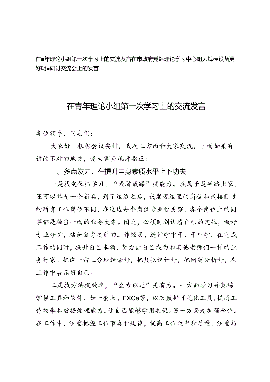 2024年在青年理论小组第一次学习上的交流发言+在市政府党组理论学习中心组大规模设备更新专题研讨交流会上的发言.docx_第1页