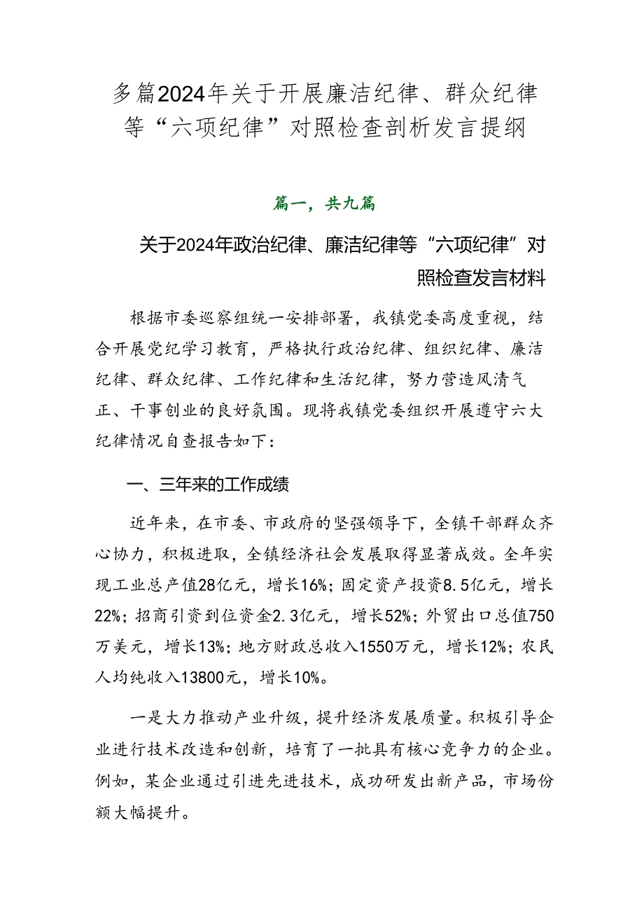 多篇2024年关于开展廉洁纪律、群众纪律等“六项纪律”对照检查剖析发言提纲.docx_第1页