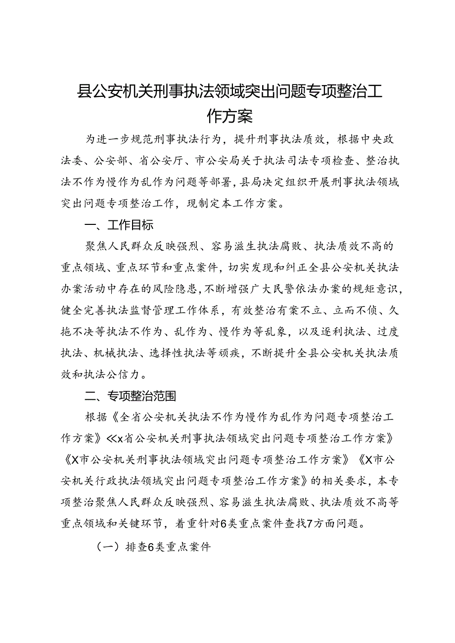 县公安机关刑事执法领域突出问题专项整治工作方案.docx_第1页