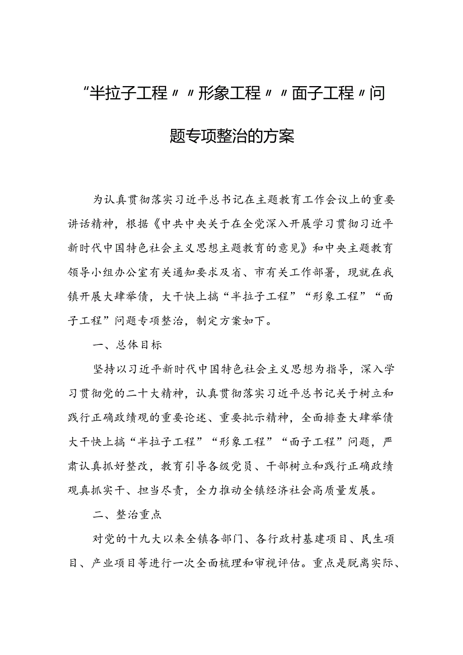 “半拉子工程”“形象工程”“面子工程”问题专项整治的方案.docx_第1页