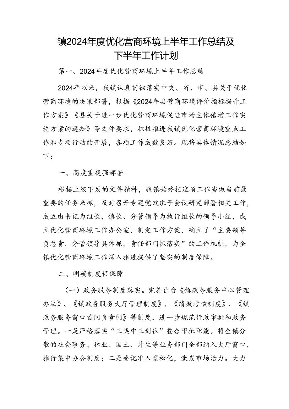 乡镇2024年度优化营商环境上半年工作总结及下半年工作计划.docx_第1页