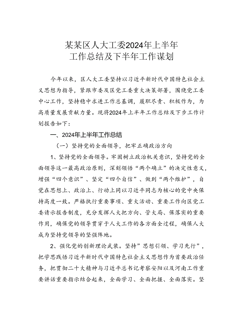 某某区人大工委2024年上半年工作总结及下半年工作谋划.docx_第1页