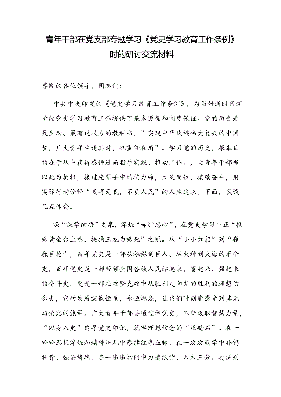 领导书记青年党员干部学习《党史学习教育工作条例》研讨交流材料3篇.docx_第2页