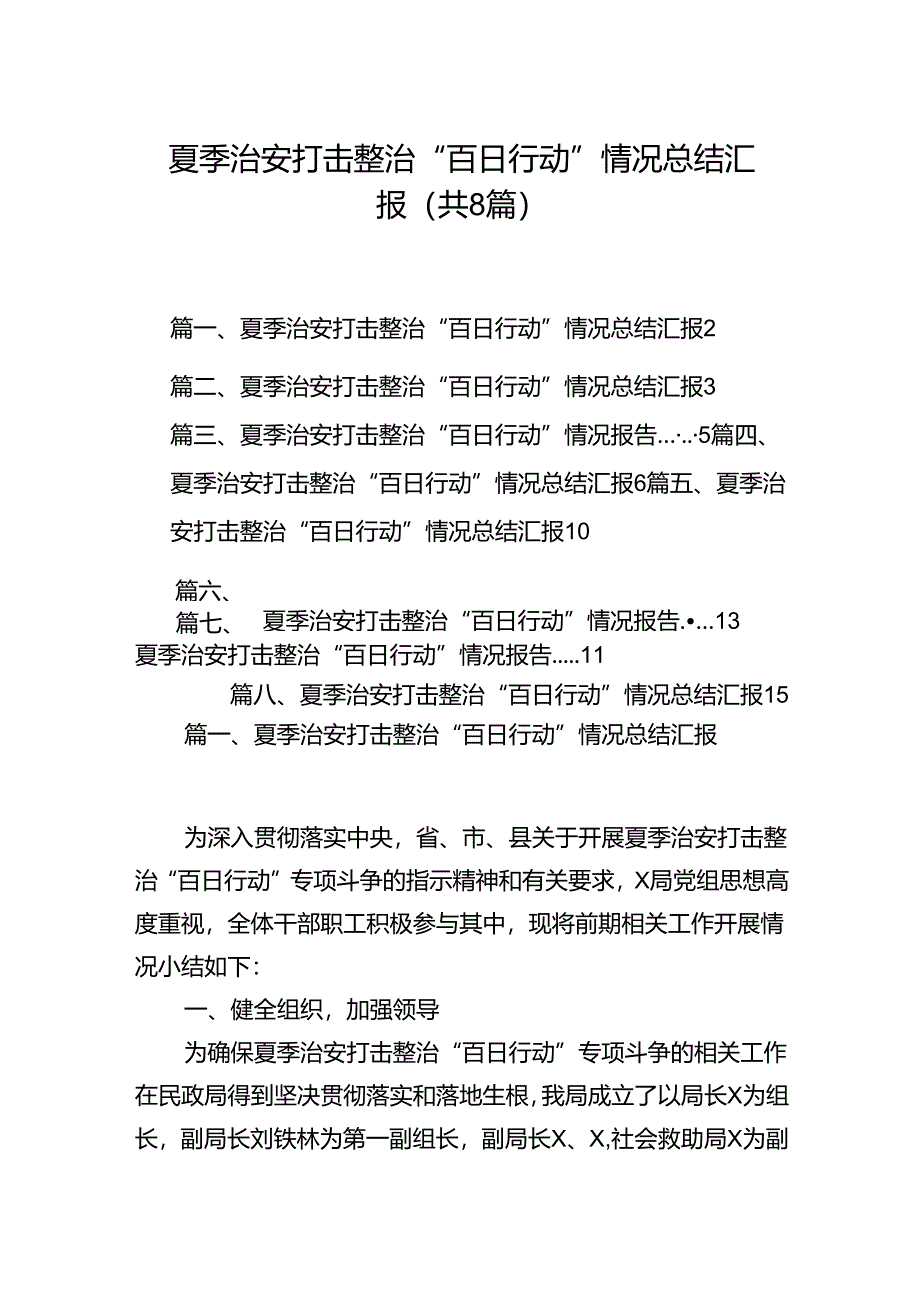 (八篇)夏季治安打击整治“百日行动”情况总结汇报样例.docx_第1页