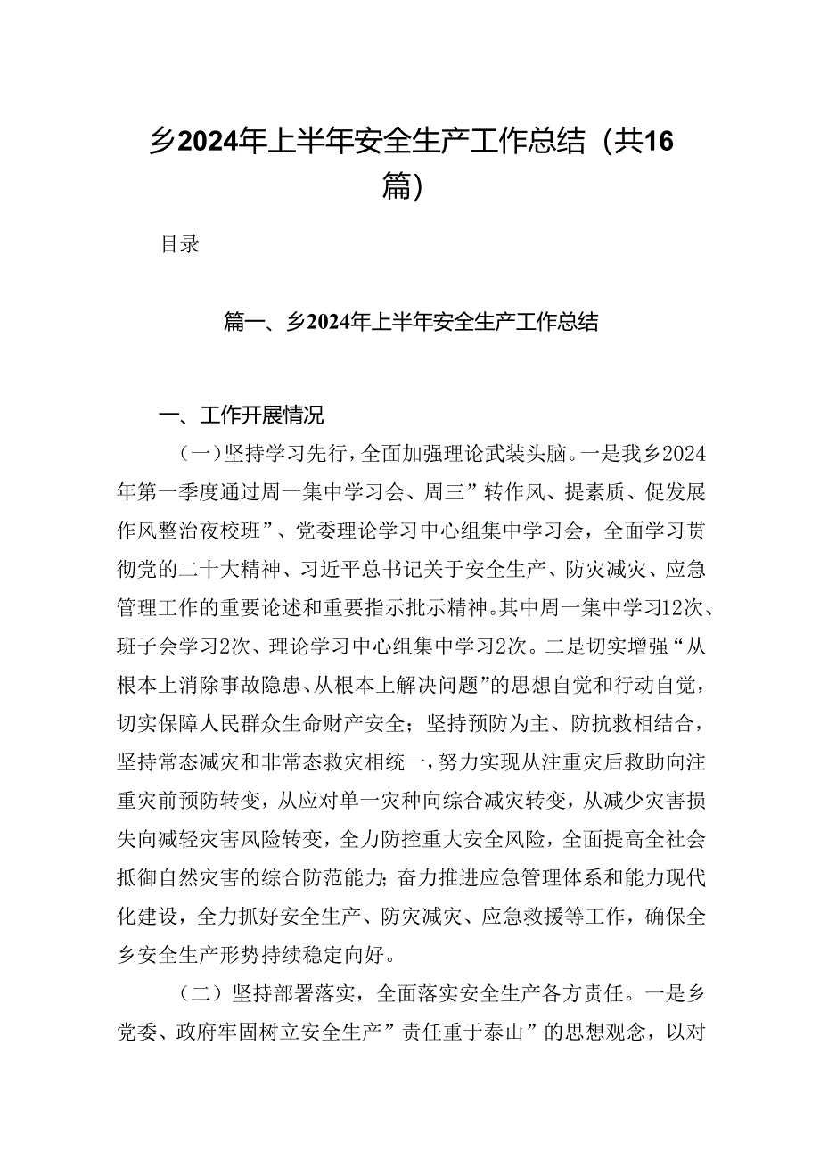 乡2024年上半年安全生产工作总结（共16篇）.docx_第1页