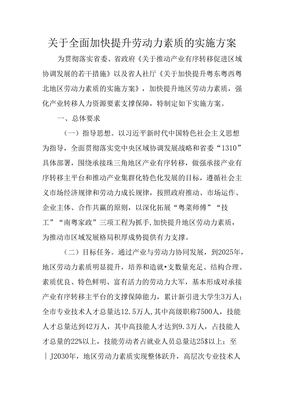 关于全面加快提升劳动力素质的实施方案.docx_第1页