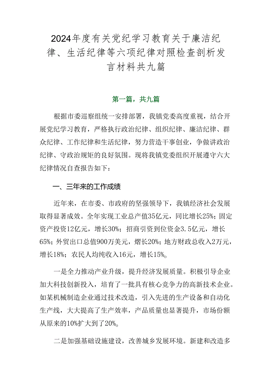 2024年度有关党纪学习教育关于廉洁纪律、生活纪律等六项纪律对照检查剖析发言材料共九篇.docx_第1页