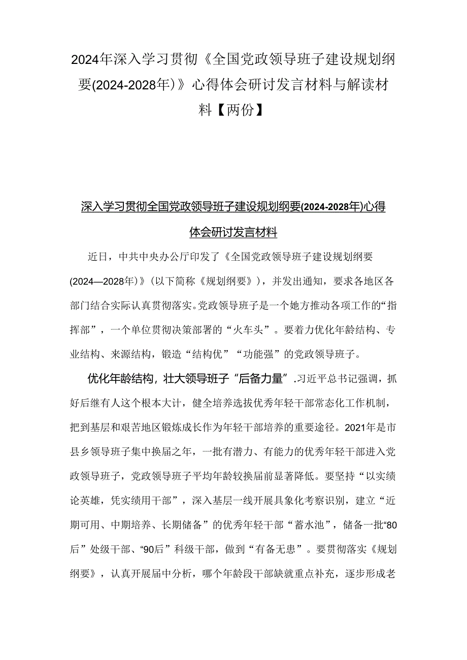 2024年深入学习贯彻《全国党政领导班子建设规划纲要(2024-2028年)》心得体会研讨发言材料与解读材料【两份】.docx_第1页