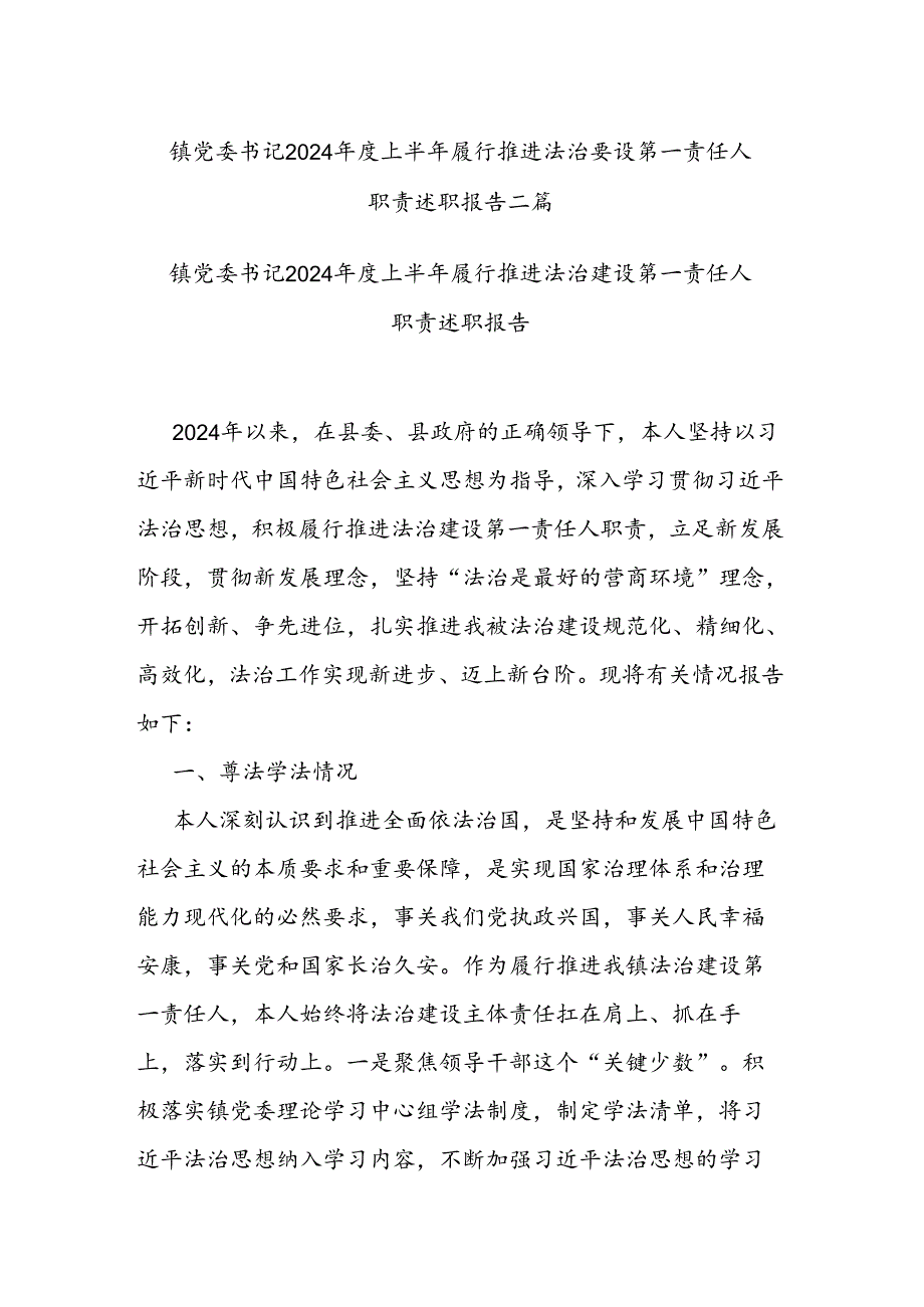 镇党委书记2024年度上半年履行推进法治建设第一责任人职责述职报告二篇.docx_第1页