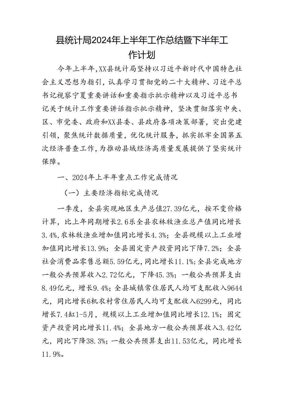 县统计局2024年上半年工作总结暨下半年工作计划2.docx_第1页