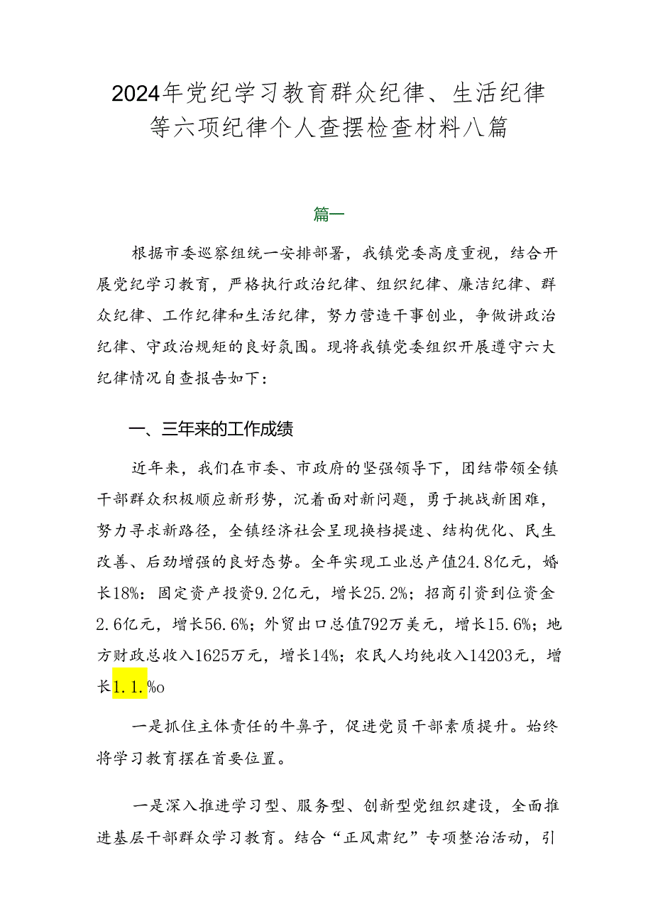 2024年党纪学习教育群众纪律、生活纪律等六项纪律个人查摆检查材料八篇.docx_第1页