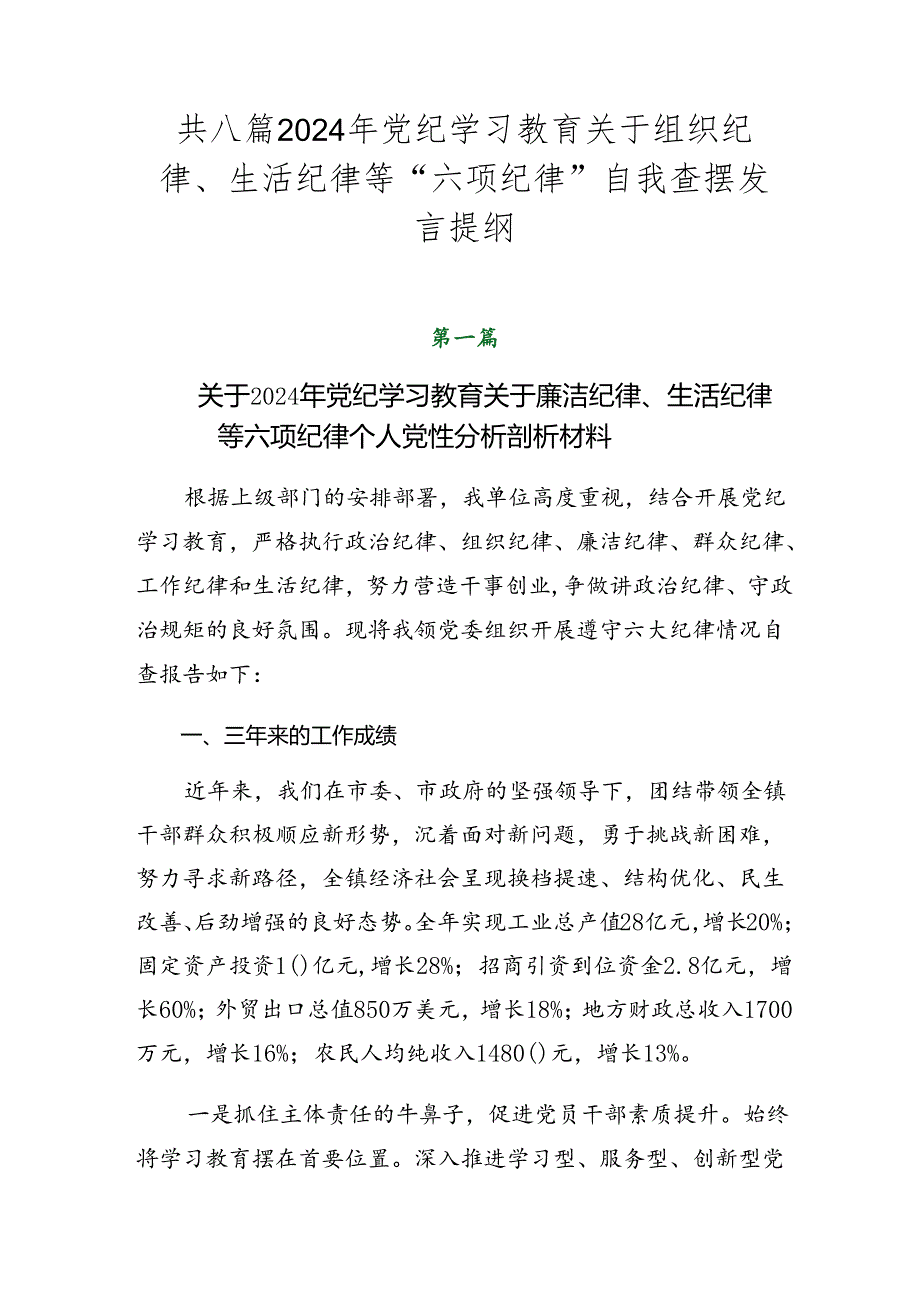 共八篇2024年党纪学习教育关于组织纪律、生活纪律等“六项纪律”自我查摆发言提纲.docx_第1页