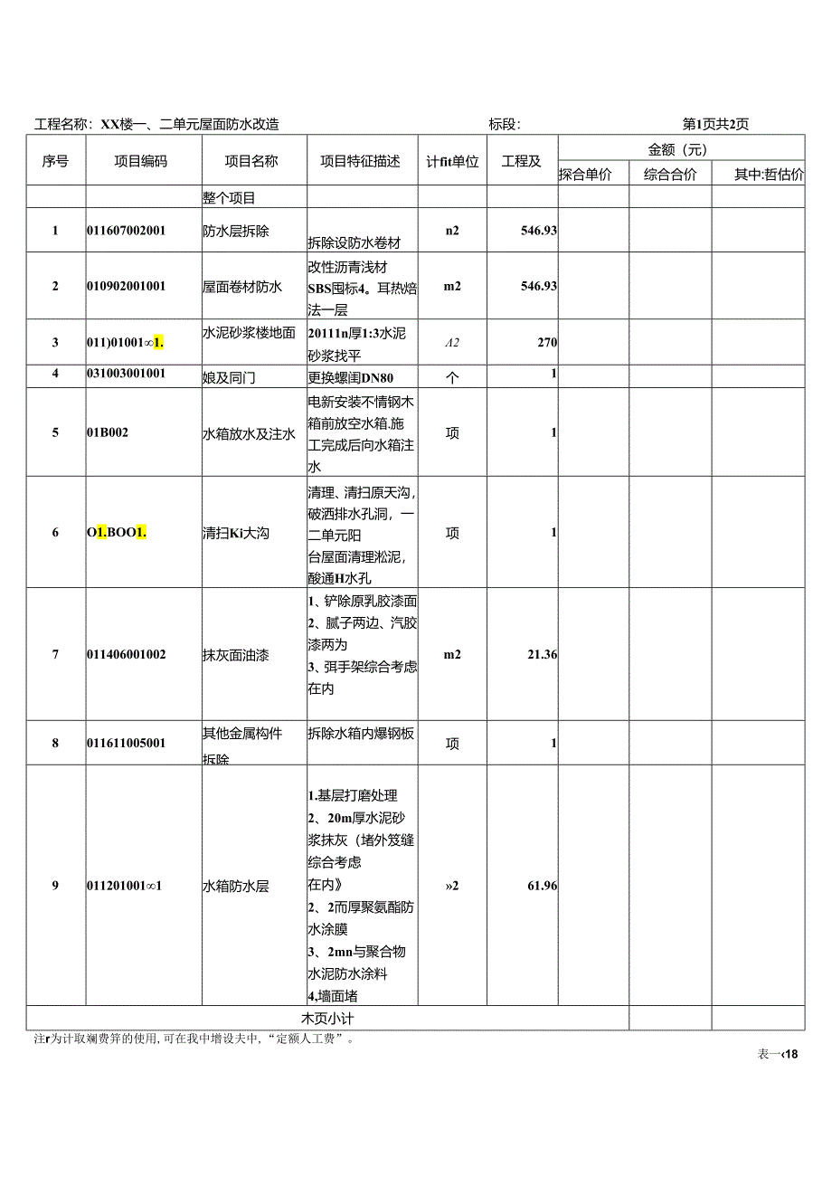 XX楼一、二单元屋面防水改造工程招标工程量清单（2024年）.docx_第2页