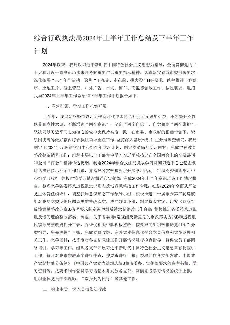 综合行政执法局2024年上半年工作总结及下半年工作计划.docx_第1页