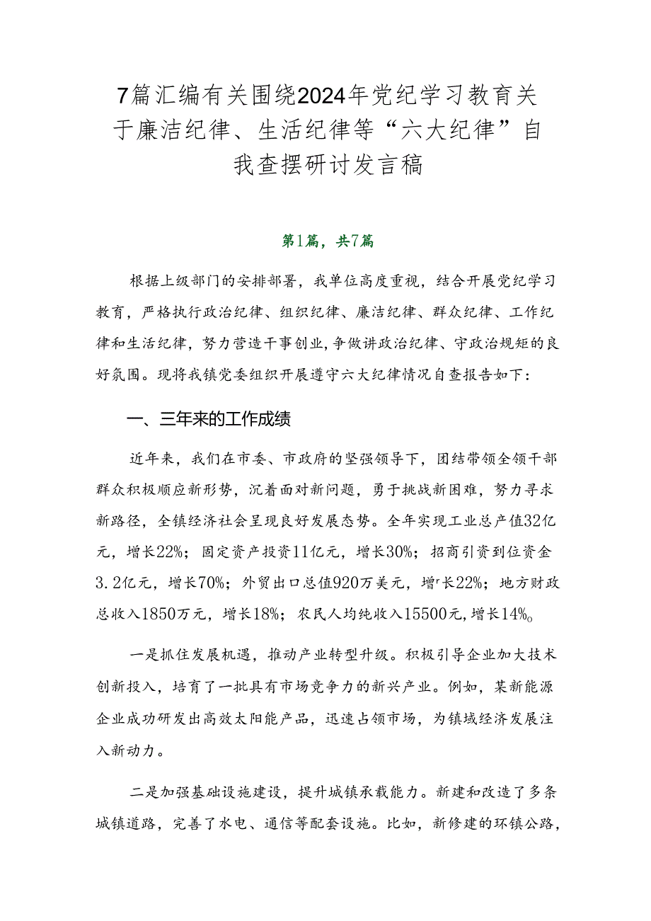 7篇汇编有关围绕2024年党纪学习教育关于廉洁纪律、生活纪律等“六大纪律”自我查摆研讨发言稿.docx_第1页