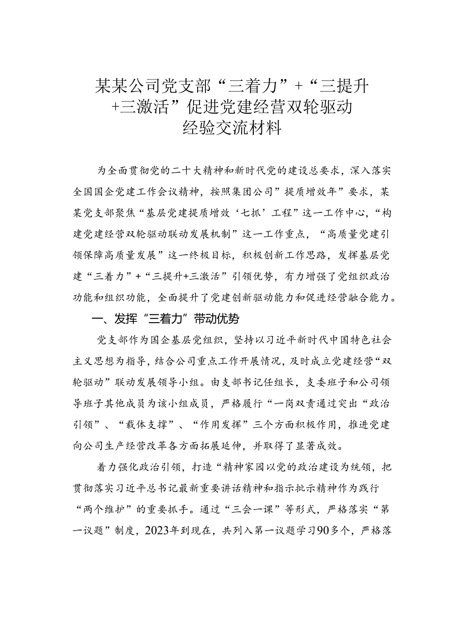 某某公司党支部“三着力”+“三提升+三激活” 促进党建经营双轮驱动经验交流材料.docx_第1页