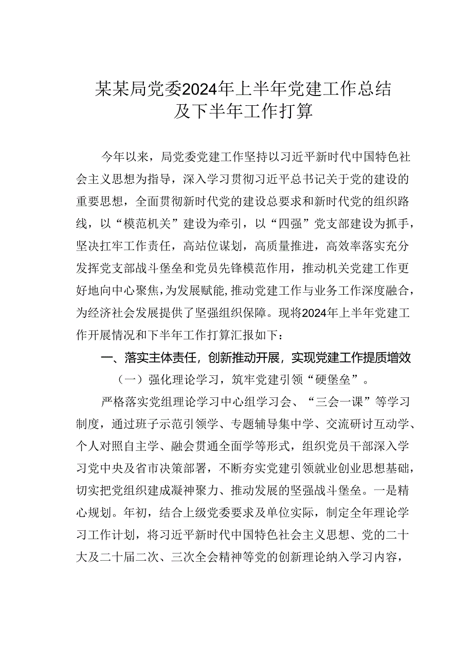 某某局党委2024年上半年党建工作总结及下半年工作打算.docx_第1页