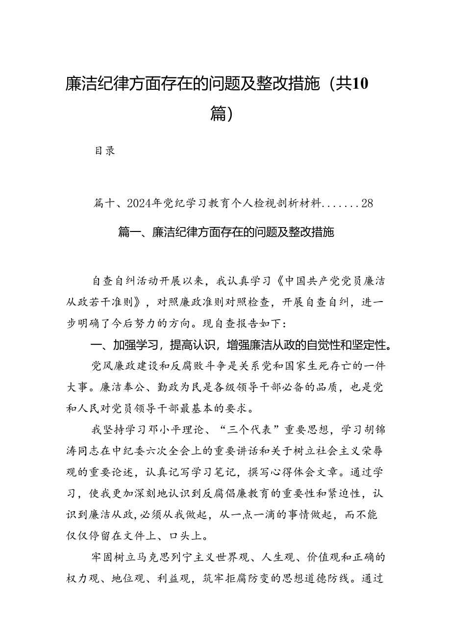 廉洁纪律方面存在的问题及整改措施10篇（详细版）.docx_第1页