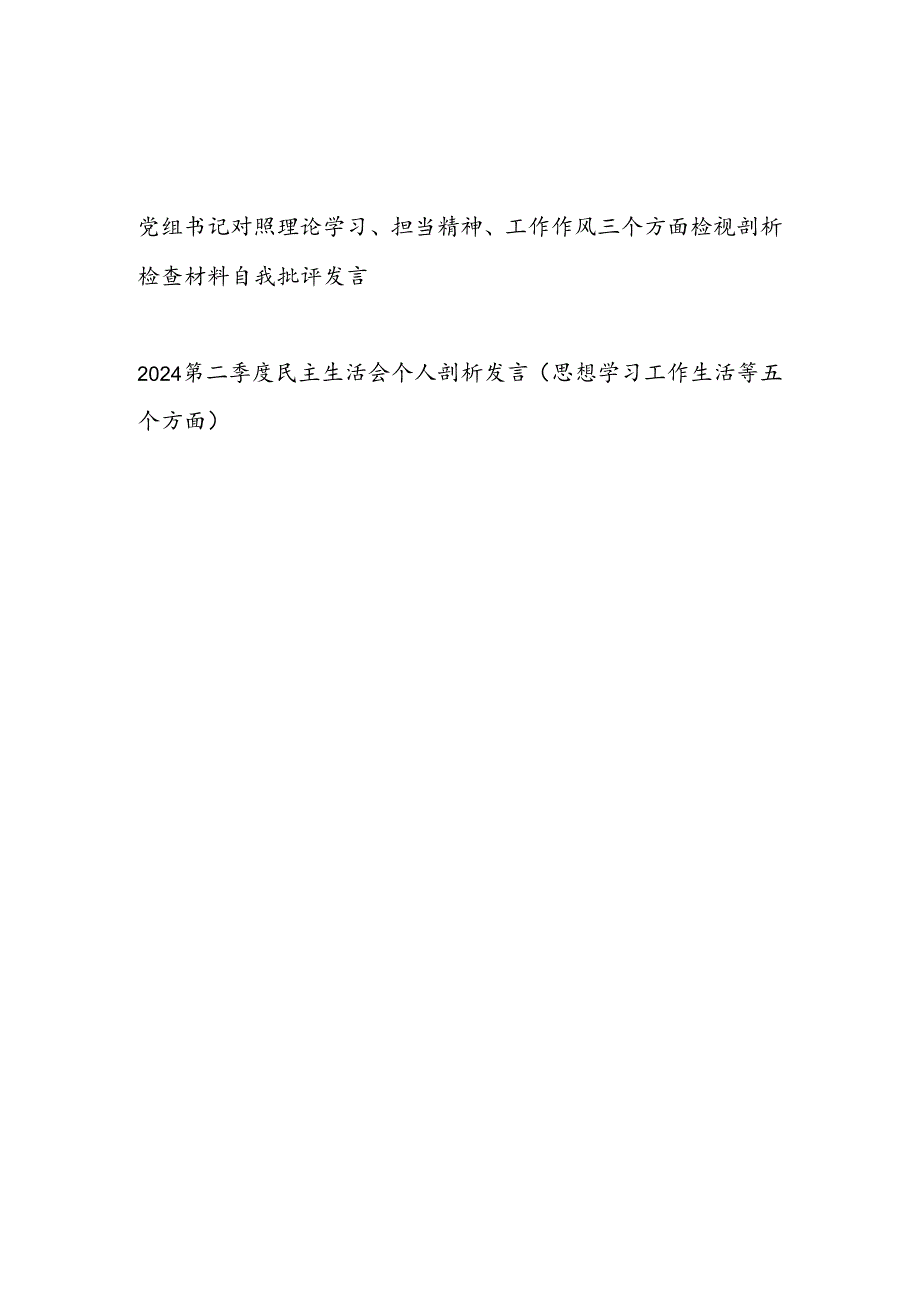 党组书记对照理论学习、担当精神、工作作风三个方面检视剖析检查材料自我批评发言（思想学习工作生活等方面）.docx_第1页