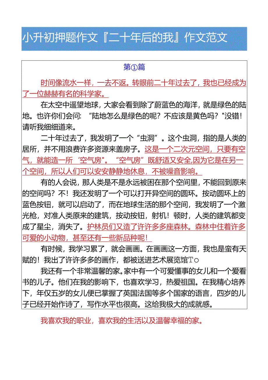 小升初押题作文二十年后的我作文范文.docx_第1页