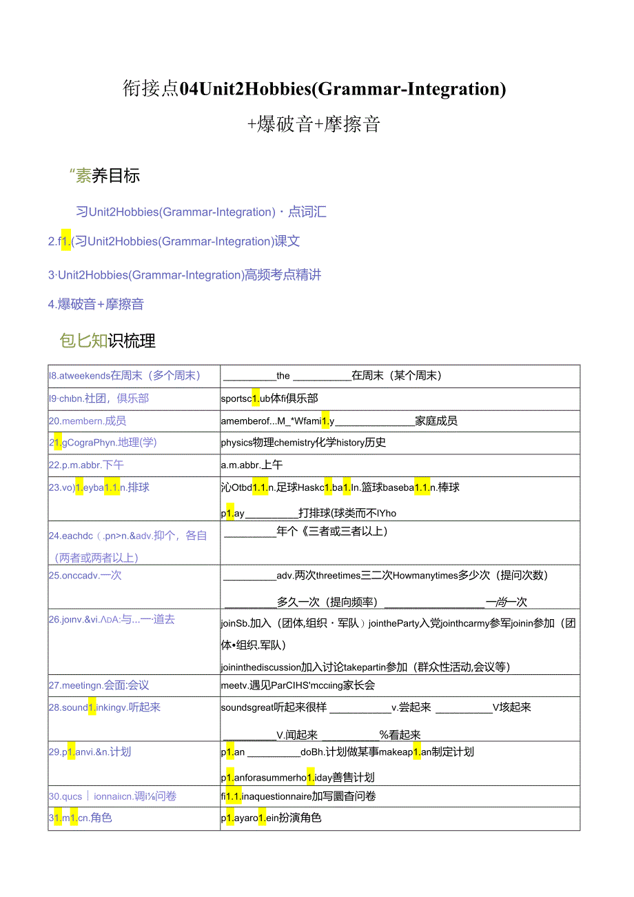 衔接点4 新牛津译林版七年级上册Unit2 Hobbies （Grammar-Integration）爆破音 摩擦音.docx_第1页