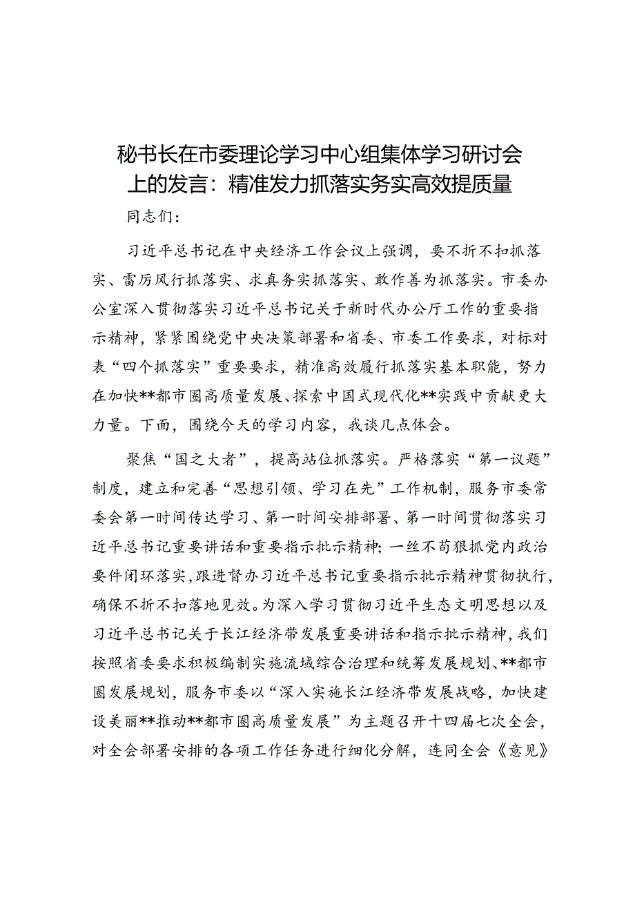 秘书长在市委理论学习中心组集体学习研讨会上的发言：精准发力抓落实 务实高效提质量.docx_第1页