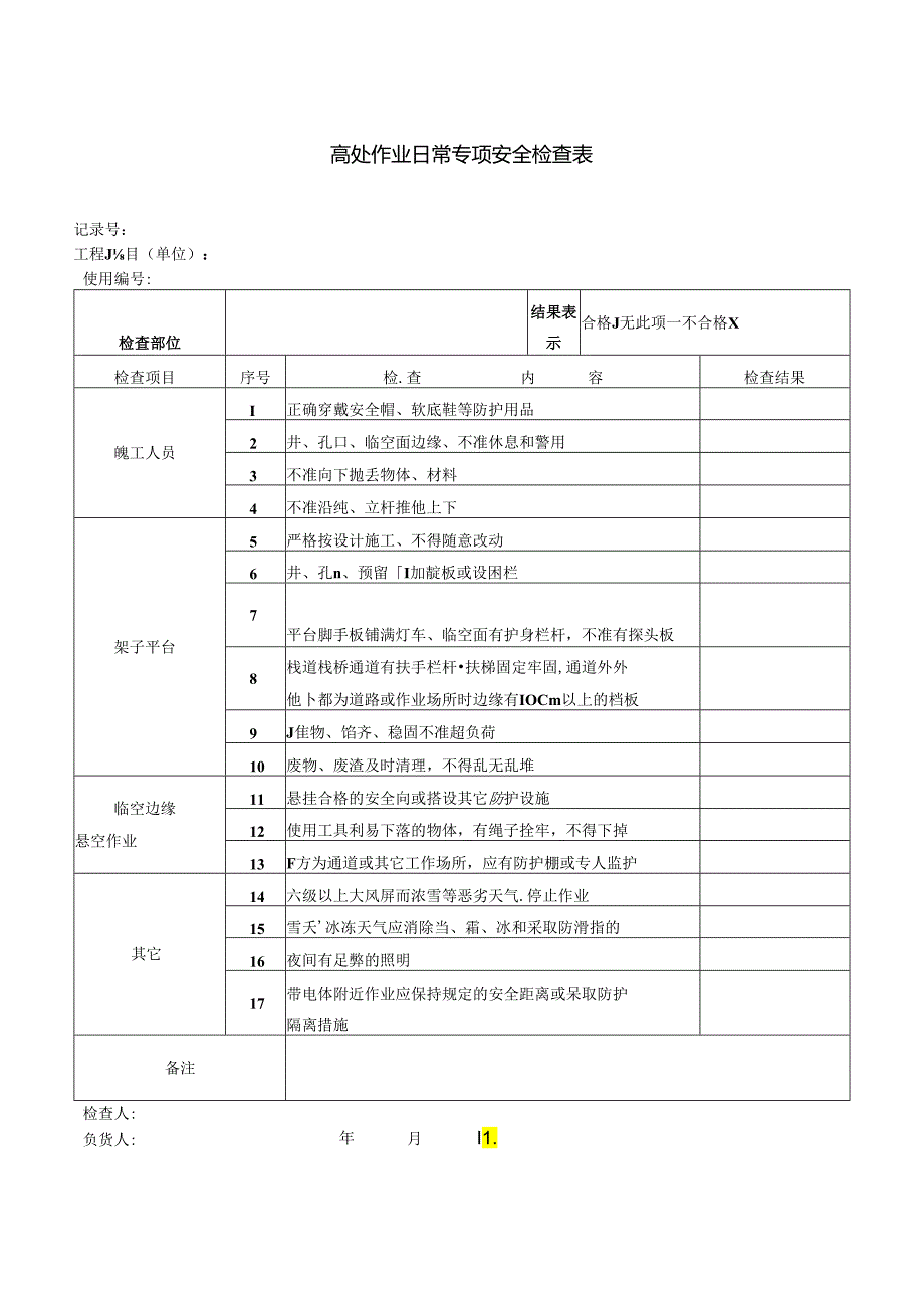 高处作业日常专项安全检查表.docx_第1页