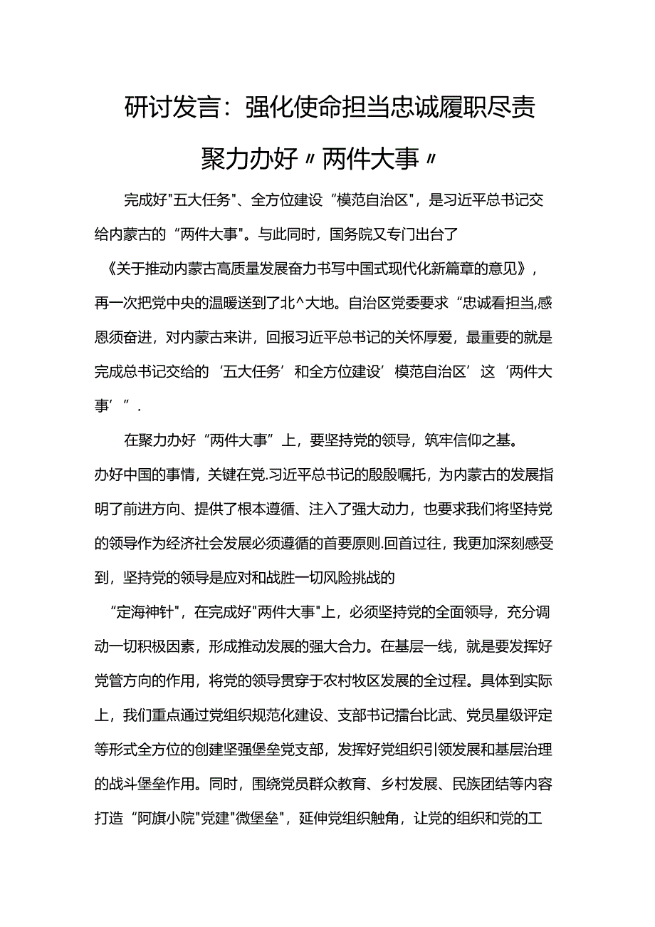 研讨发言：强化使命担当 忠诚履职尽责聚力办好“两件大事”.docx_第1页